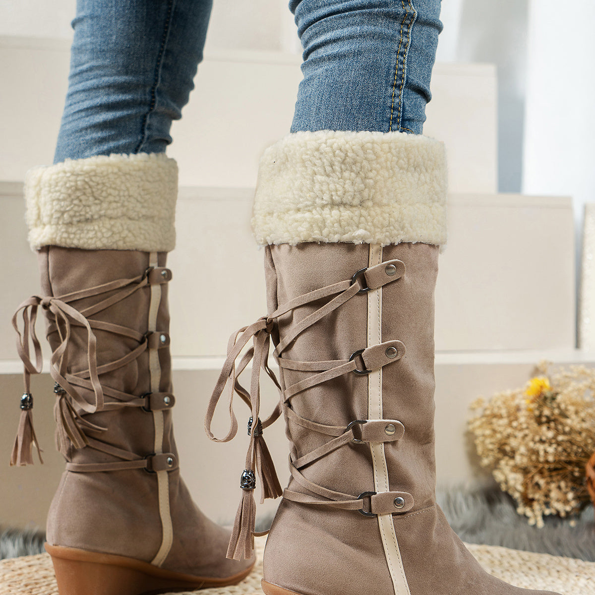 Faux Fur Lined Suede Wedge Boots