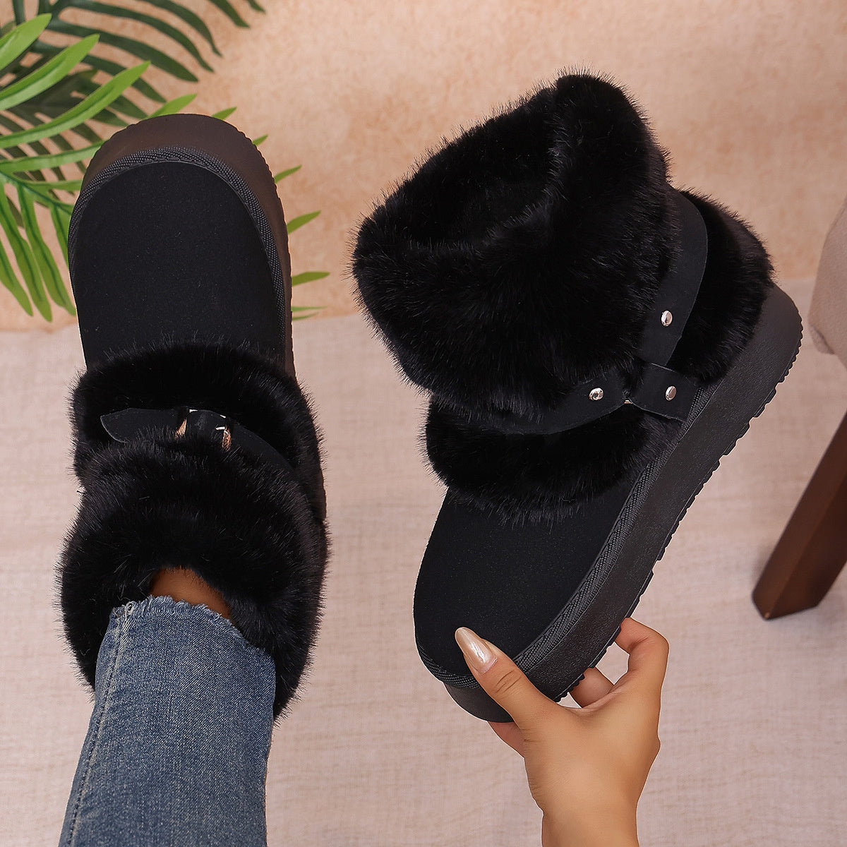 Fabric Chunky-Sole Round Toe Platform Boots