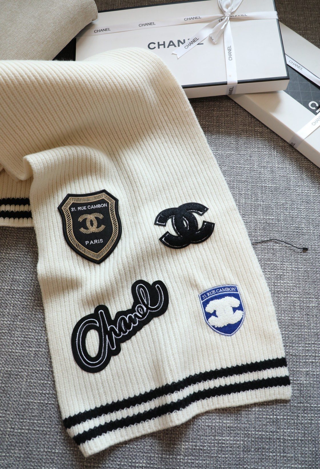 Chanel Emblem Rib-Knit Scarf