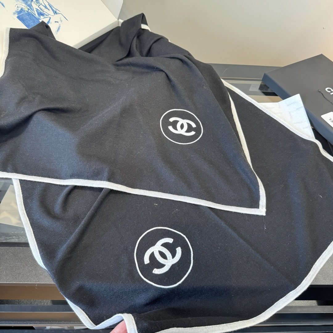 Chanel Black Logo Trim Scarf