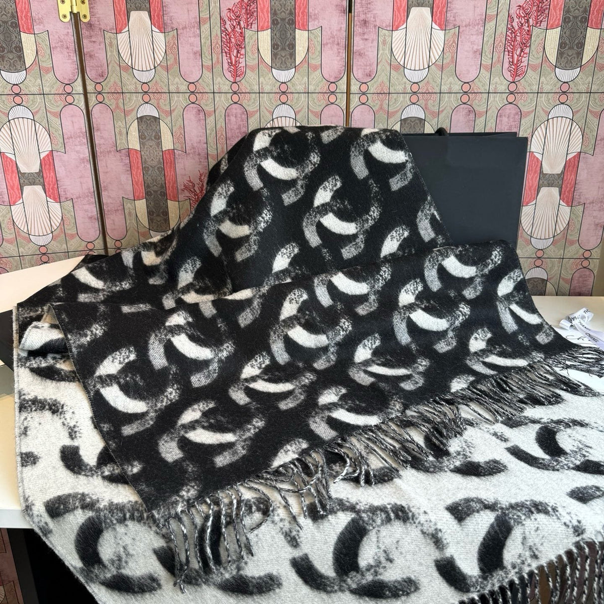 Chanel Black & White Fringed Scarf
