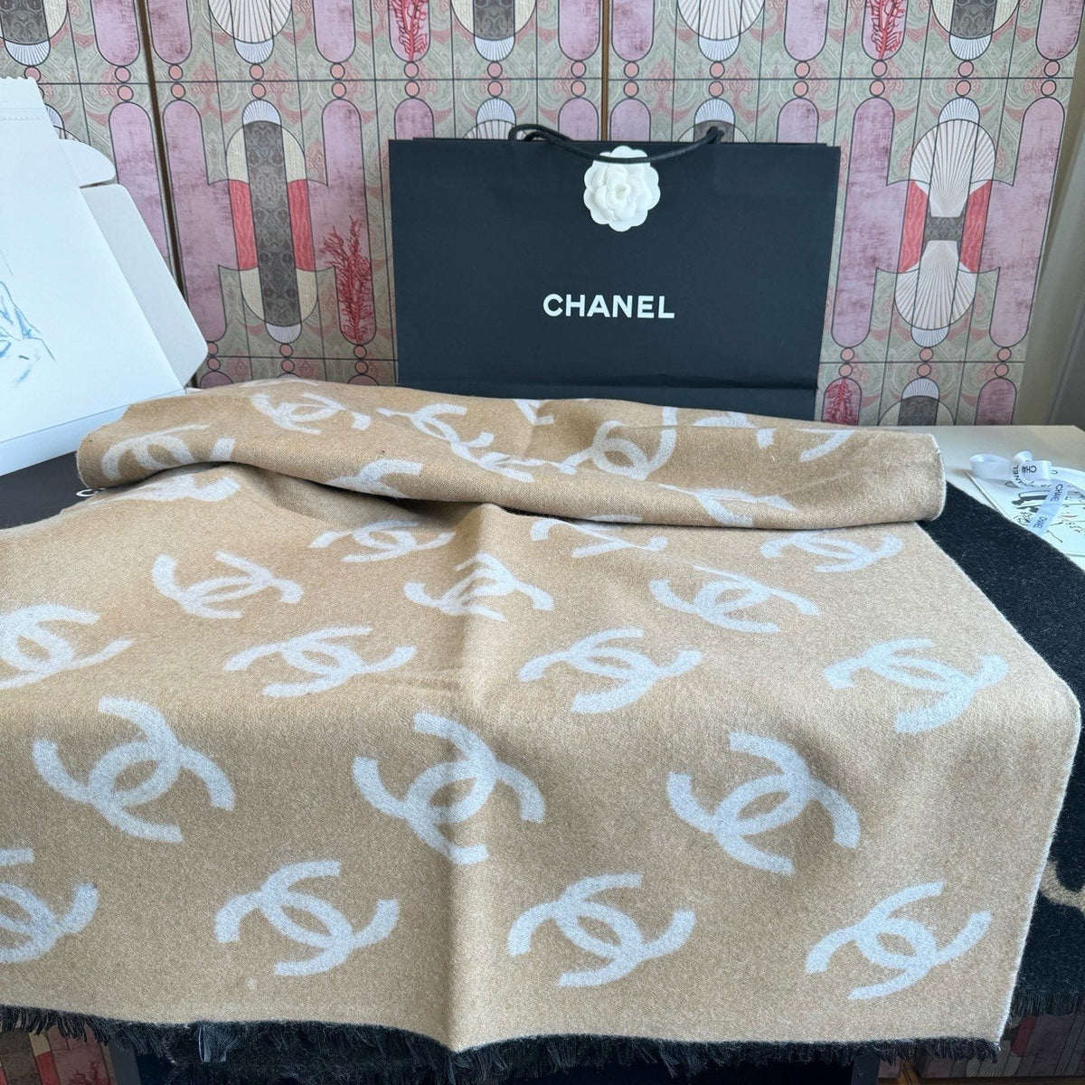 Chanel Reversible Logo Motif Scarf Shawl