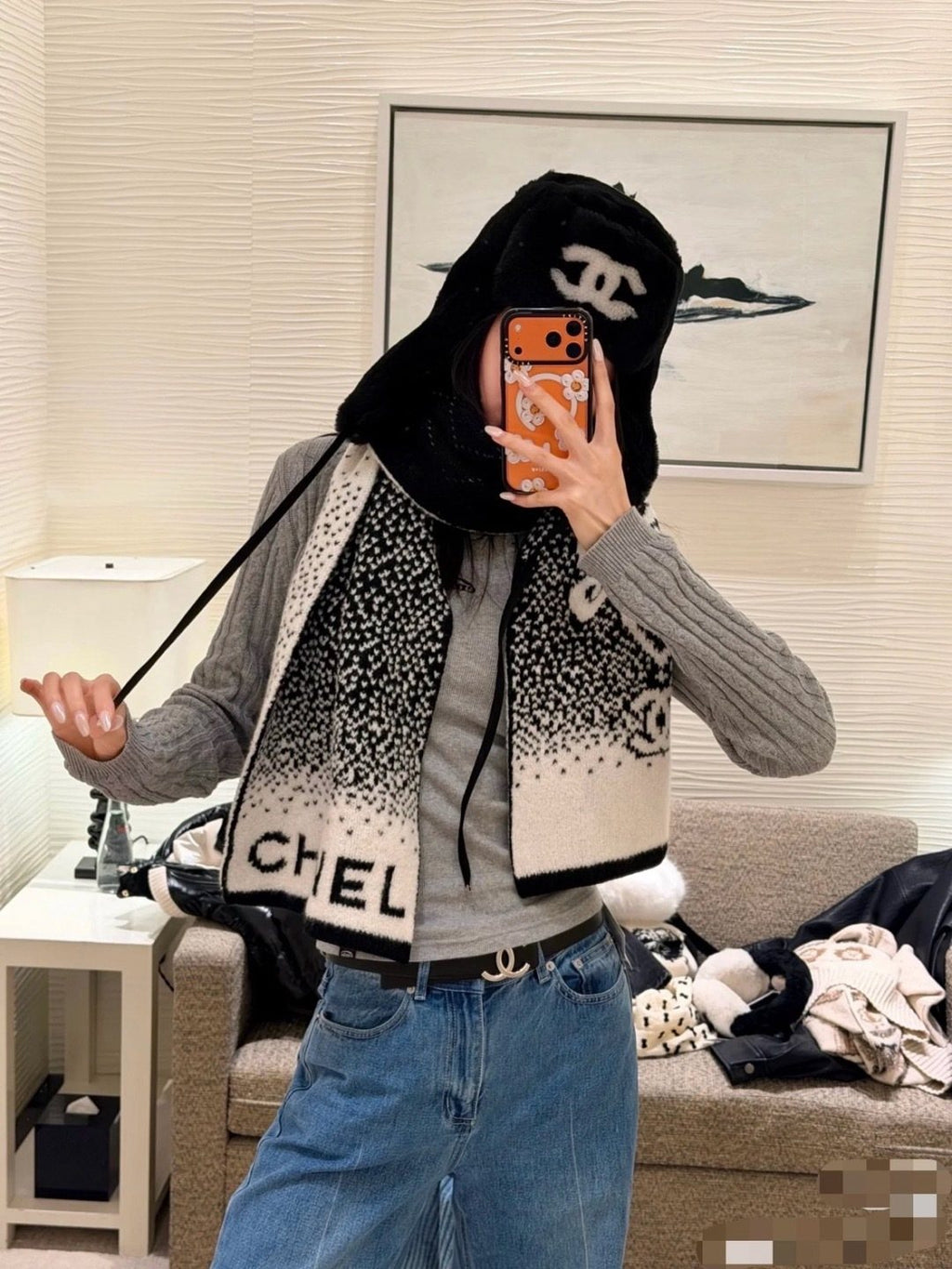 Chanel Ivory and Black Knit Scarf
